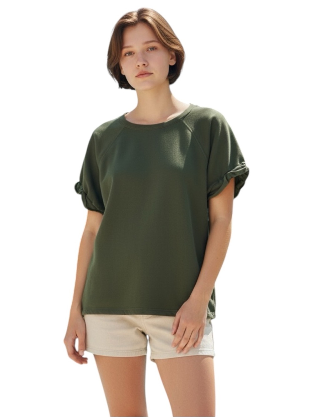 bobi Olive Green Short Sleeve Pullover Sweatshirt